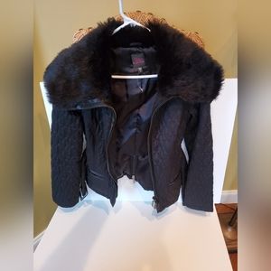 Women's Black Quilted Jacket with Faux Fur Collar